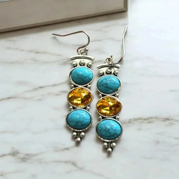 Turquoise Stone Bohemian Gemstone Dangle Earrings - Picture 2 of 2